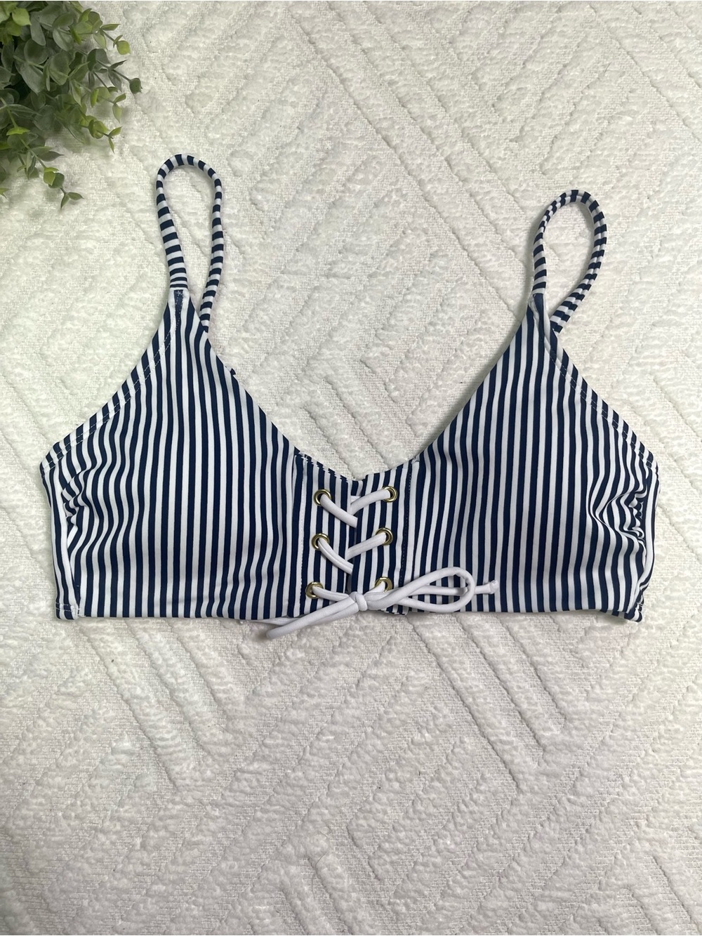 Xhilaration Navy and White Striped Lace-Up Bikini Top